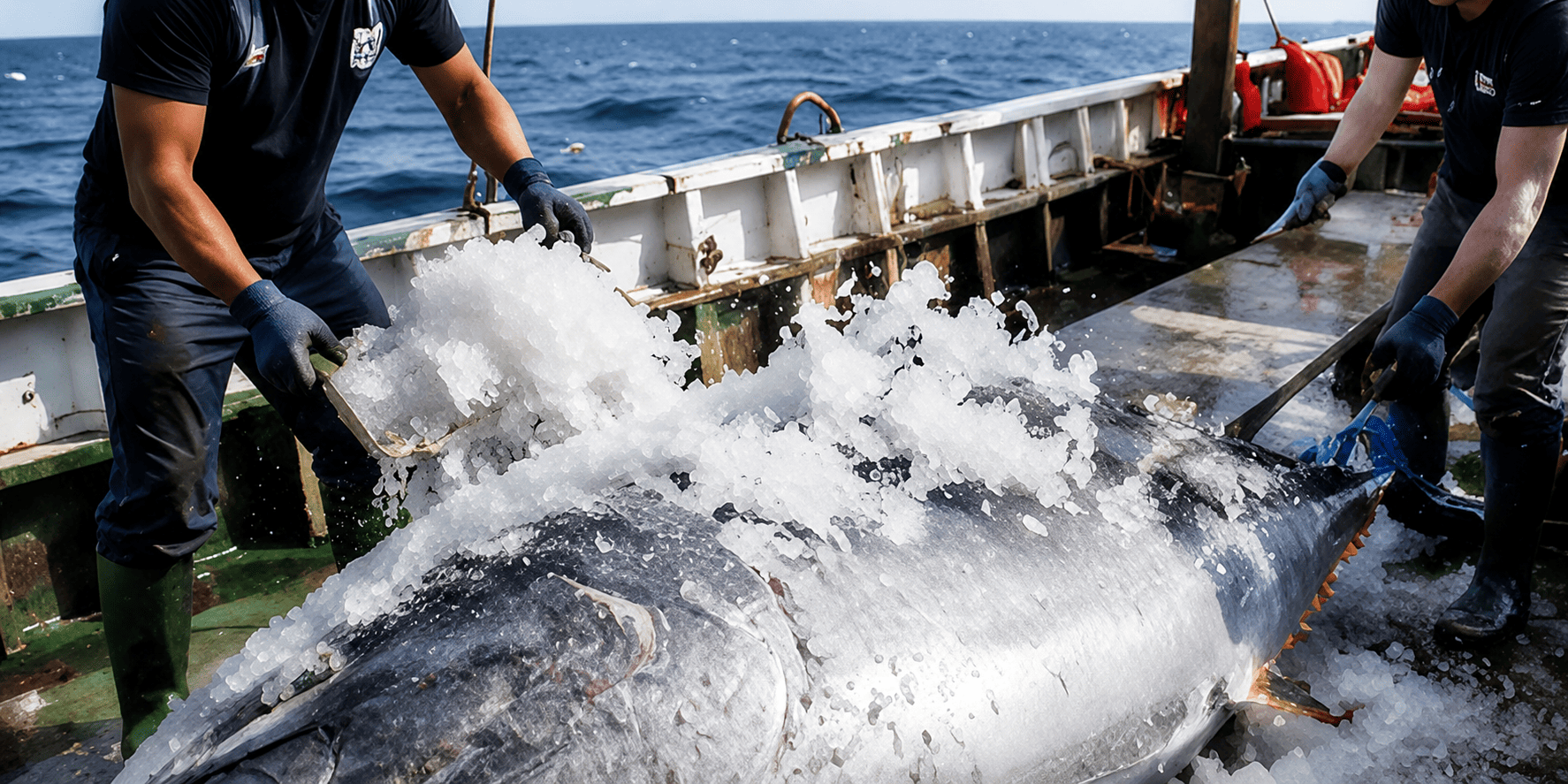 apply flake ice on deck after bluefin tuna are caught